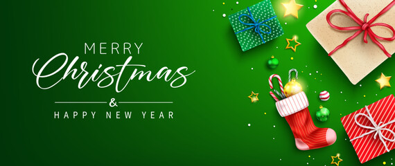 Wall Mural - Christmas greeting vector design. Merry christmas greeting text in green space with gifts and sock stockings decoration element for xmas holiday messages. Vector illustration. 
