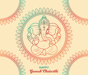 Happy Ganesh Chaturthi greeting card mandala. Artistic Hindu Indian Worship Festival graphic. Line art Gradient design Poster Vector illustration. Social media post, website, banner, invite, promotion