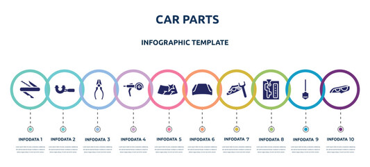 Wall Mural - car parts concept infographic design template. included swiss knife, micrometer, repair pliers, grinder, windshield, hood, headlight, automatic transmission, headlights icons and 10 option or steps.