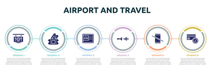 airport and travel concept infographic design template. included restaurant, ticket card, automated teller hine, fasten your seatbelts, no mobile phones allowed, credit cards accepted icons and 6