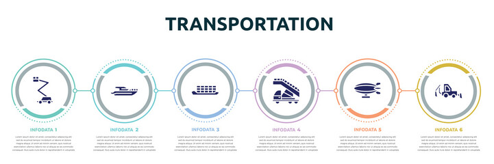 transportation concept infographic design template. included aerial lift, yacht side view, container ship side view, airport truck, airship side view, backhoe icons and 6 option or steps.