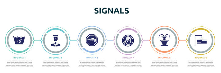 signals concept infographic design template. included 40 degree laundry, policeman figure, hunting zone, no arms, fountain, rectangular icons and 6 option or steps.