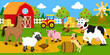 cows, horses, dogs, chickens, ducks, pigs, sheep with farm backgrounds