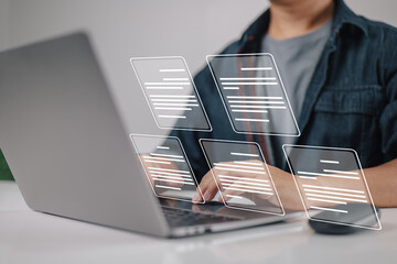 Aufkleber - Laptop computer with electronic document icons, E-document management, an online documentation database, and the notion of a paperless workplace in mind for a businessman.