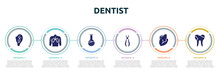 Dentist Concept Infographic Design Template. Included Ear, Human With Focus On The Lungs, Test Tube And Flask, Forceps Of Dentist Tools, Muscular Arm, Dental Caries Icons And 6 Option Or Steps.