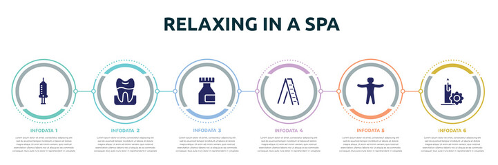 Wall Mural - relaxing in a spa concept infographic design template. included hospital syringe, premolar, medicine flask, mechanical ladder, standing human body, candle flower icons and 6 option or steps.