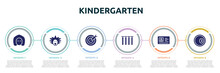 Kindergarten Concept Infographic Design Template. Included Newton, Einstein, Dart, Tubes, Driving License, Ball Pool Icons And 6 Option Or Steps.