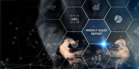 Weekly sales report concept. Data analytics for driving agile decision making, improving process, adjusting the sales strategy. Sales volume, leads, new accounts, revenue. Sales performance indicator.