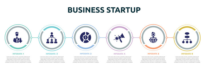 Wall Mural - business startup concept infographic design template. included low, organization chart, allocation, favourites, entrepreneur, flow chart icons and 6 option or steps.