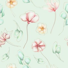 Wall Mural - Vintage seamless pattern with cream pink and green flower buds background