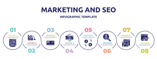  marketing and seo concept infographic design template. included bookmark service, analythic, , dollar exchange, currency rates, currency search, seo strategy, add link icons and 8 option or steps.