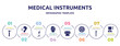 medical instruments concept infographic design template. included dental drill, hearing, prothesis, aesthetic, boobs, microscopic, pike pole, ultrasonography icons and 8 option or steps.