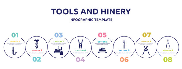 tools and hinery concept infographic design template. included solder, bolts, two spatulas, clothespin, iron helmet, drill tip, pruning shears, nippers icons and 8 option or steps.