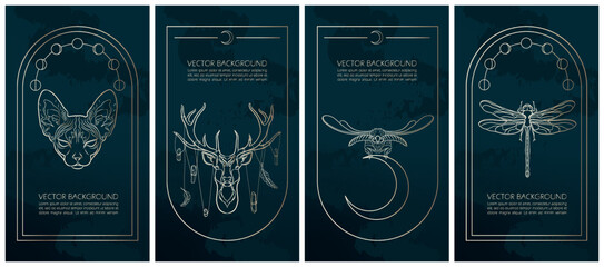 Set of golden mysterious vector illustrations for stories templates, mobile app, landing page, web design, posters. Occult magic background for astrology, fortune telling, tarot concept. Animal spirit