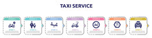 Taxi Service Concept Infographic Design Template. Included Bike Parking, Mother And Child, Children On Teeter Totter, Cycle Rickshaw, Forbidden Smoking, No Turn Left, Solar Taxi Icons And 7 Option