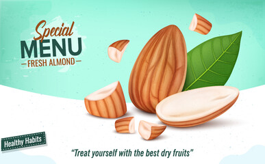 Poster - Brown Almond with nuts pieces and green leaf vector illustration