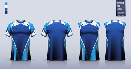 Wall Mural - Blue T-shirt sport, Soccer jersey, football kit, basketball uniform, tank top, and running singlet mockup. Fabric pattern design. Vector.