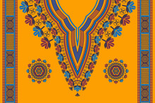 Vector African Dashiki Colorful Neckline Flower Embroidery Pattern With Decoration Elements Border On Yellow Background. African Tribal Art Shirts Fashion.