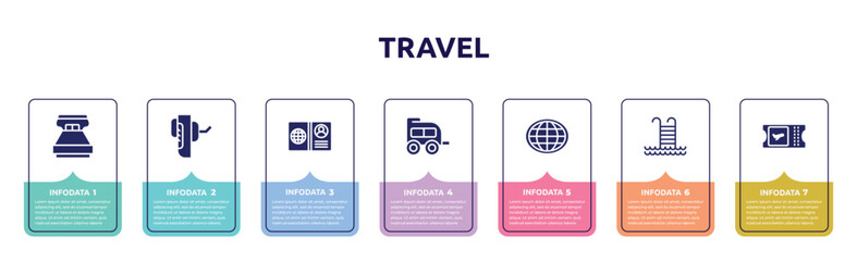 Wall Mural - travel concept infographic design template. included king size, breathalyzer, open passport, two window carriage, earth globe, swimming pool ladder, boarding card icons and 7 option or steps.