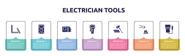 Wall Mural - electrician tools concept infographic design template. included drawing tool, ammeter, welding hine, multimeter, lumberjack, furnace, electric meter icons and 7 option or steps.