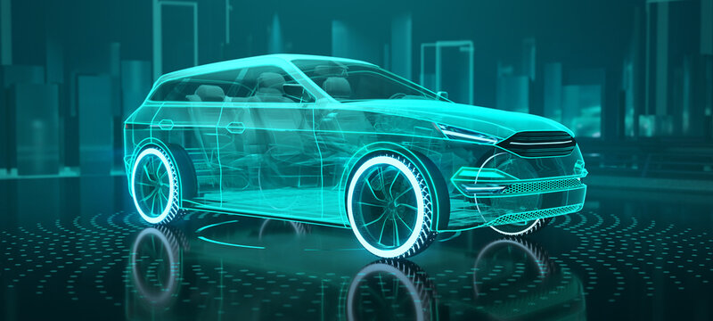Wall Mural -  - Augmented reality of wireframe car concept on the road and futuristic city on the background. SUV car in front side view. Professional 3d rendering of own designed generic non existing car model.