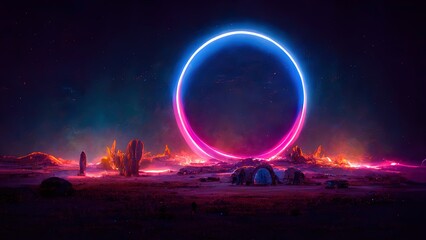 Wall Mural - Magical portal, fantastic teleport to an alien planet, an entrance to parallel world glowing plasma octane render, photorealistic. Magical portal, a fantastic teleport to an alien planet. 3D artwork