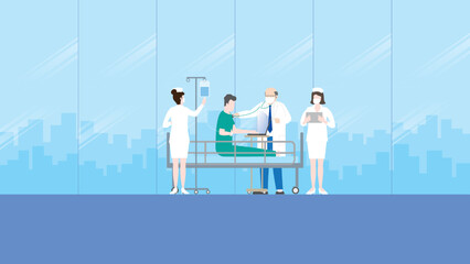 Wall Mural - Workaholic, work hard, overwork, busy, and overtime concept. A sick business patient working by laptop on a hospital bed with medical team staff, doctor, nurse, health care check, and saline drip bag.