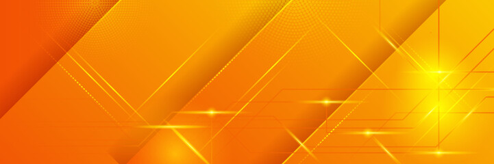 Orange technology digital banner design. Science, medical and digital technology header. Geometric abstract background with tech design. Molecular structure and communication vector illustration.