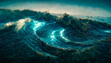 Wall Mural - Fantasy seascape with beautiful waves and foam. Foam on the waves of water. Top view of the ocean waves. Dove water background. 3D illustration.