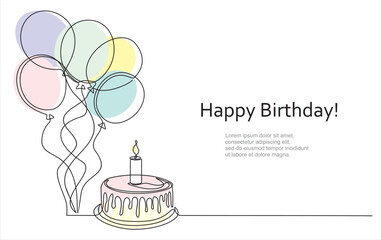 anniversary, baked, bakery, balloons, banner, birthday, birthday cake, black, cake, candle, card, celebrate, celebration, concept, continuous, continuous line, contour, cream, creative, cupcake, decor
