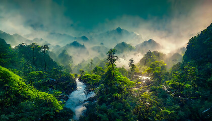  Exotic foggy forest. Jungle panorama, forest oasis. Foggy dark forest. Natural forest landscape. 3D illustration.