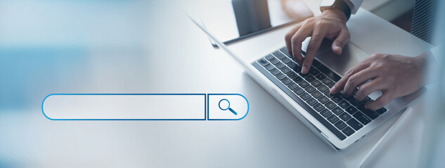 Wall Mural - data search technology, search engine optimization, seo concept. woman using laptop computer to sear