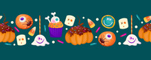Halloween Border With Sweet Dessert Eyeball, Cake And Lollipop. Autumn Vector Background. Vector Cartoon Design. Halloween Sweet, Round Cookie, Spooky Cake