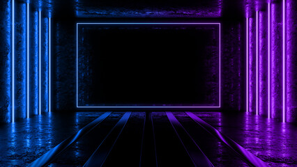 Wall Mural - Glowing square neon dark room abstract background, Blue and pink neon light color, 3D rendering