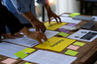 © ArLawKa - work meeting A group of corporate employees kicked off an interesting new project and brainstormed at their desks with colorful post-it teams discussing ideas.