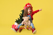 © nellas - Girl with new year gifts on yellow background for copy