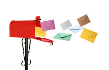 Different Color Envelopes Flying Out From Red Letter Box On White Background