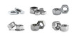 Set with different metal nuts on white background. Banner design