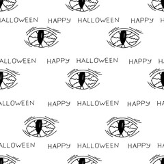 Wall Mural - Seamless pattern with dragon eye and happy Halloween inscription. Set with a scary demon eye. Halloween background. Halloween concept.