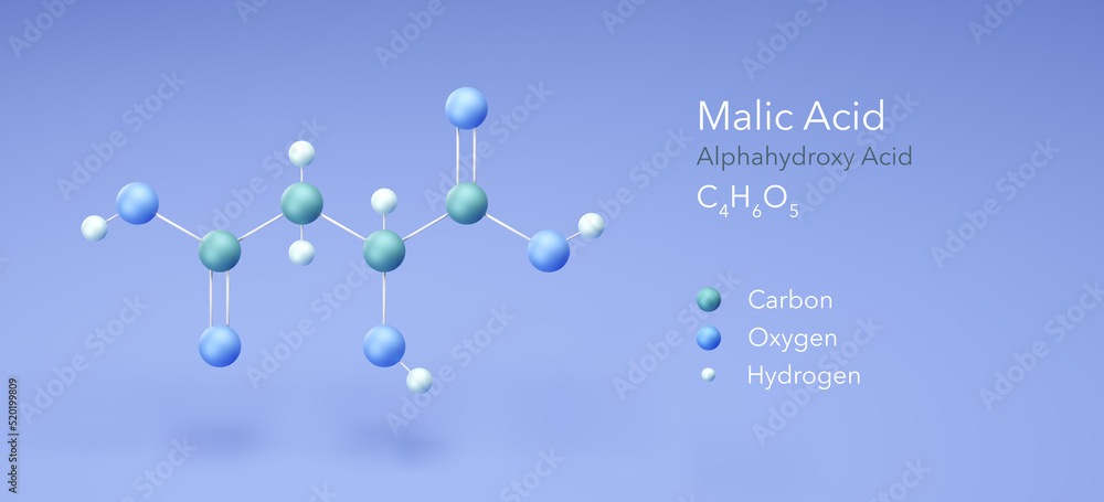 malic acid, Alphahydroxy Acid, dicarboxylic. Molecular structure 3d ...