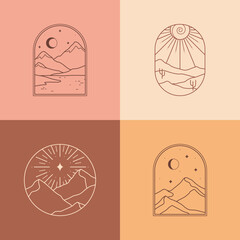 Wall Mural - Vector boho emblems with abstract mountain landscapes.Travel logos with mountains or desert dunes;aurora,crescent moon,sun and sunburst.Modern travel icons or symbols in trendy minimalist style.