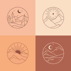 Wall Mural - set of vector linear boho emblems.bohemian logos with lake,sun and sunburst,snowcapped mountains,aur