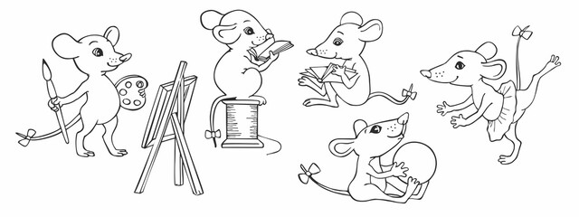 Little mice are busy with different activities. To illustrate children's books - coloring books, educational materials.