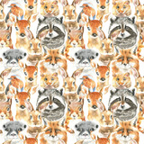Fototapeta Pokój dzieciecy - Cute watercolor animal seamless pattern ilustration, woodland animals boho characters, deer,fawn, raccoon,bunny,fox, otter, bird. Forest design for fabric,gift wrap ,scrapbooking,wallpaper,background 
