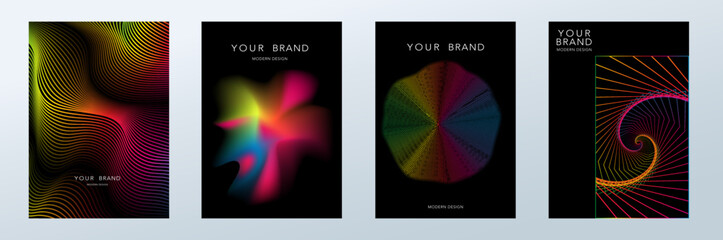 Luxury modern design set. Abstract flowing wavy rings line, round fluid shape in colorful vibrant light isolated on black background. Creative design for social media poster, music catalog, technology