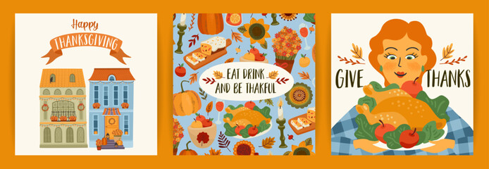 Happy Thanksgiving illustrations. Set of vector designs for card, poster, flyer, web and othe