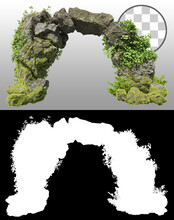 Cutout Natural Rock Arch In The Forest. Stone Arch Isolated On Transparent Background Via An Alpha Channel. Cave Entrance Made Of Old Boulder With Moss.	
