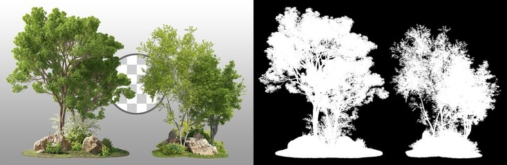 Wall Mural - group of trees among the rocks. cutout trees isolated on transparent background via an alpha channel