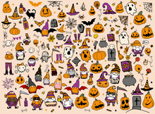 A Large Set For Halloween In Cartoon Style In Orange And Purple Tones. Hand-drawn In The Style Of Doodle Gnomes, Ghost, Candy, Hat, Bowler Hats, Cobwebs, Spiders, Gnome, Pumpkin With A Face, Bat, For 