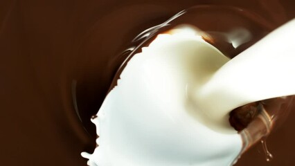 Canvas Print - Super Slow Motion of Milk Pouring Into Hot Melted Chocolate. Filmed on High Speed Cinema Camera, 1000 Fps.